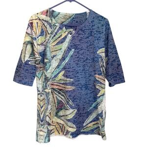 Vintage Y2K Blue 84 Burnout Floral Top L Sheer Boho Palm Leaf Coastal Whimsigoth